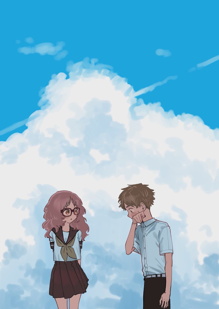 1girl 1boy glasses school uniform skirt cloud sky  illustration images