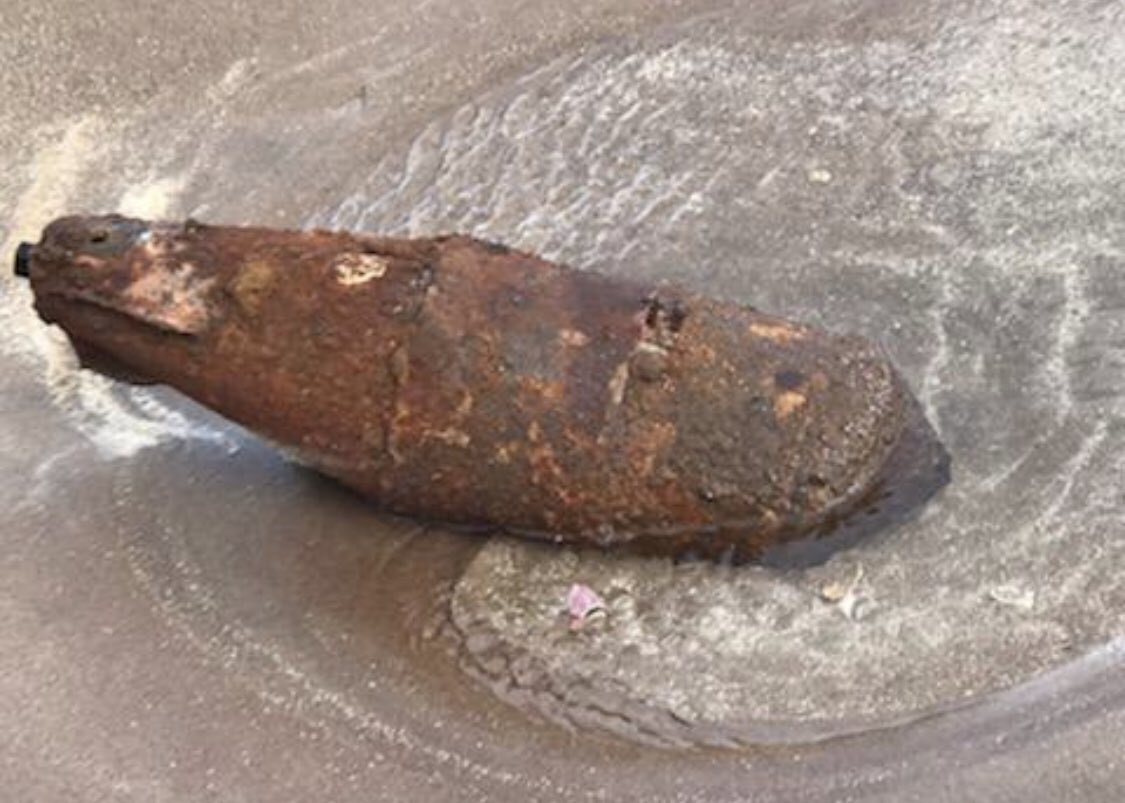 HMCGTayside's tweet photo. Officers from Arbroath &amp; Dundee we’re tasked yesterday to reports of a suspicious object near Barry.  It was located and thought to be an old 50kg bomb.  It was guarded by officers until saftely detonated this morning by @RoyalNavy EOD officers https://t.co/CnrXYOyeX1