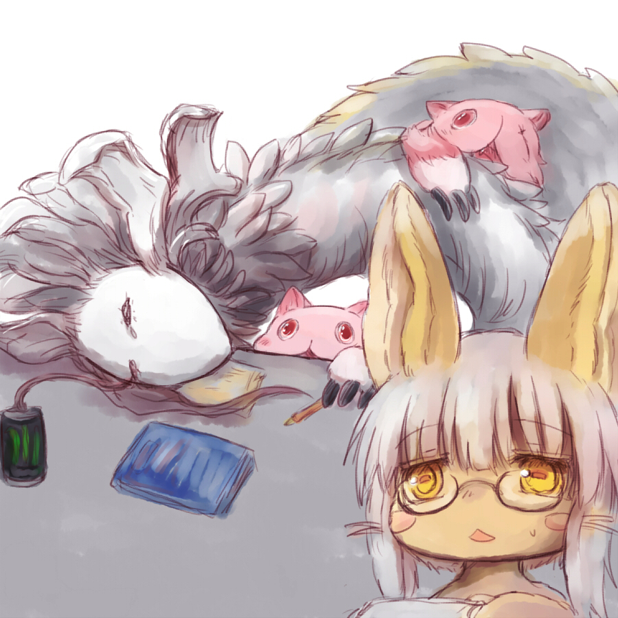 nanachi (made in abyss) whiskers animal ears glasses furry yellow eyes monster energy white hair  illustration images