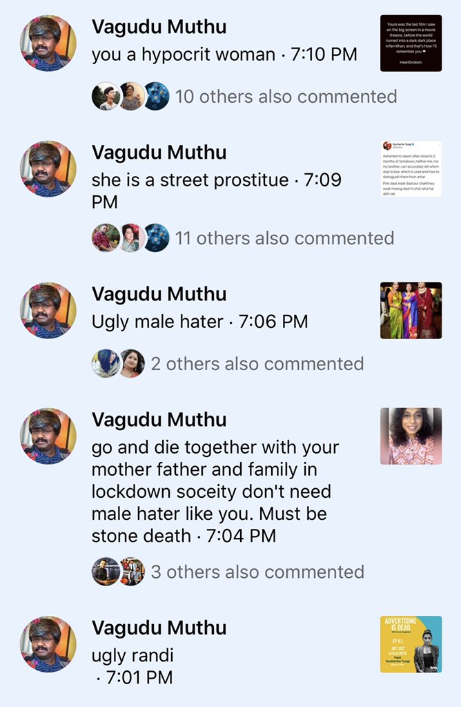 Respected  @NCWIndia and  @sharmarekha ji I’m only sharing this online to ask publicly, what is one do here? This abuse is coming from a public profile, an individual’s personal page. Even if this is a fake profile, what are my options?Here -  http://facebook.com/muthu.vagudu.1 