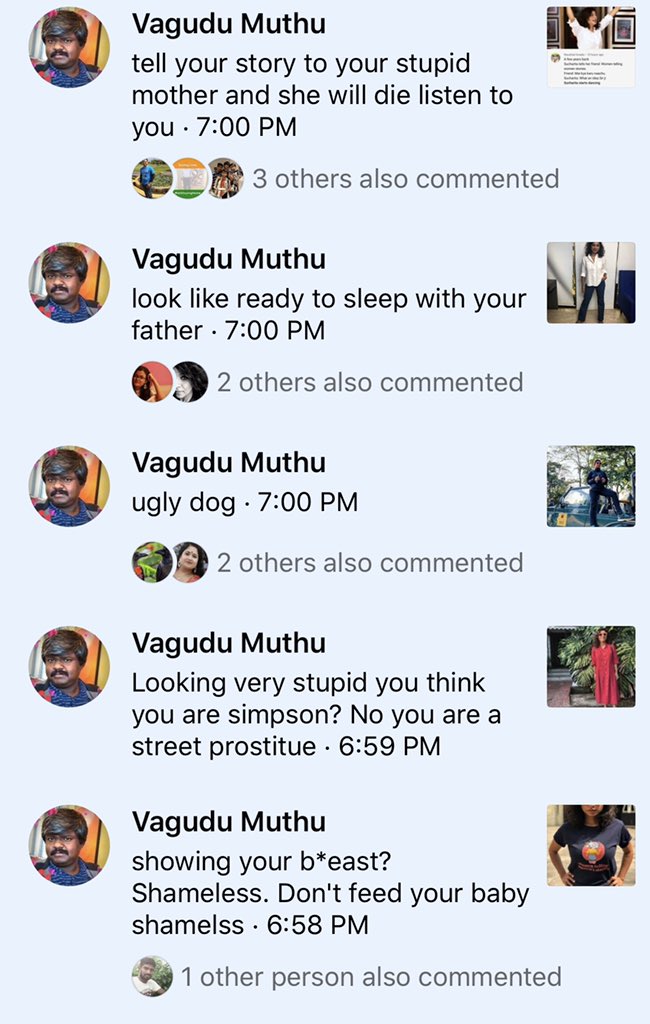 Respected  @NCWIndia and  @sharmarekha ji I’m only sharing this online to ask publicly, what is one do here? This abuse is coming from a public profile, an individual’s personal page. Even if this is a fake profile, what are my options?Here -  http://facebook.com/muthu.vagudu.1 
