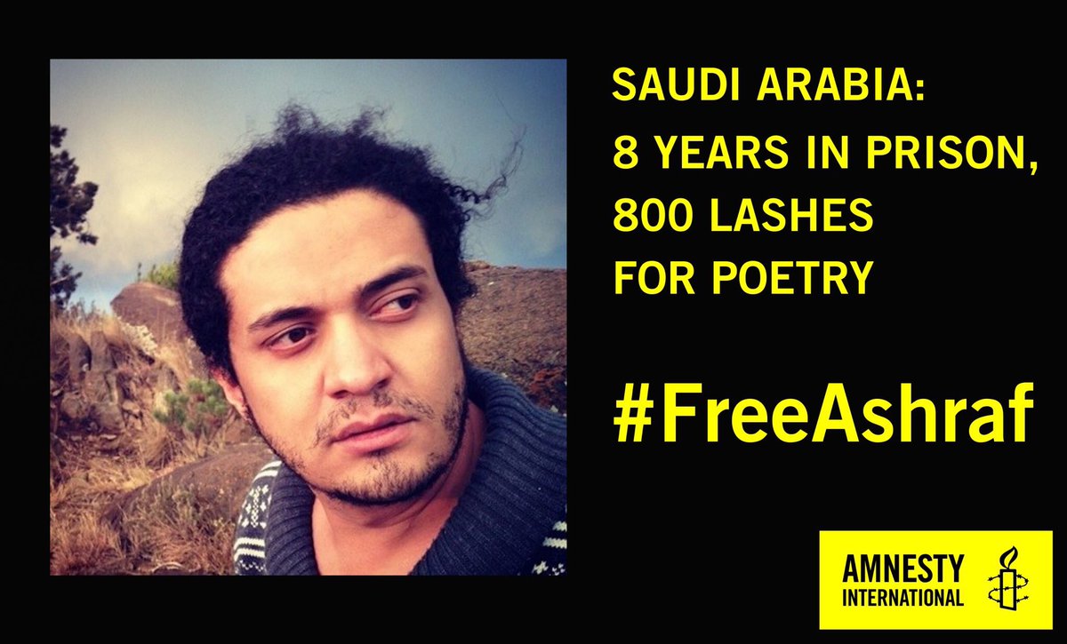  #SaudiArabia:  #AshrafFayadh is a Palestinian poet. In 2013 & 2014 was arrested for his poetry and initially sentenced to death for blasphemy. In Feb 2016 the sentence was reversed to 8 years in prison, 800 lashes & a fine. On  #EidAlFitr   join me & urge  @kingsalman to  #FreeAshraf