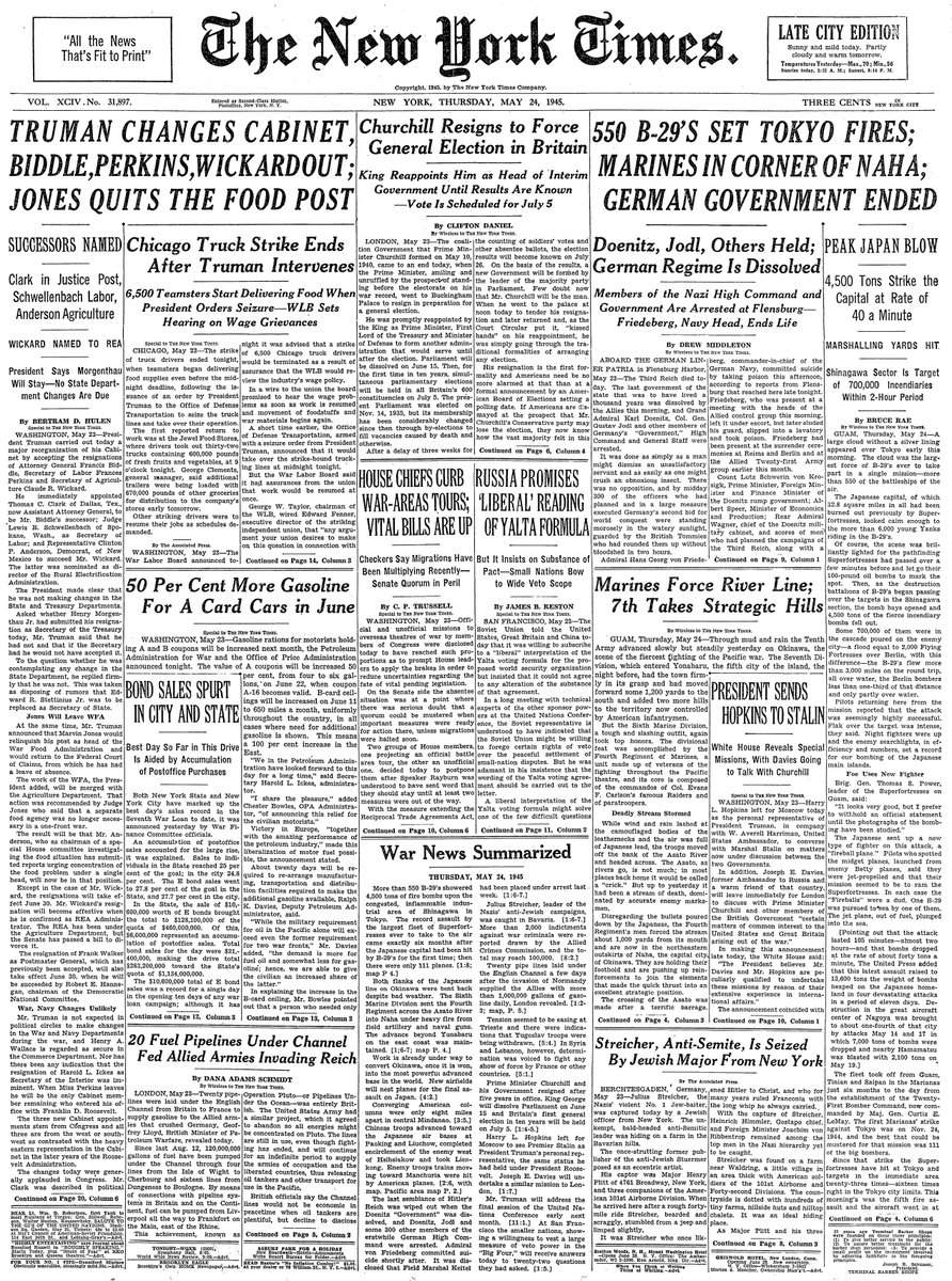 May 24, 1945: 550 B-29's Set Tokyo Fires; Marines in Corner of Naha; German Government Ended  https://nyti.ms/2LVoTLD 