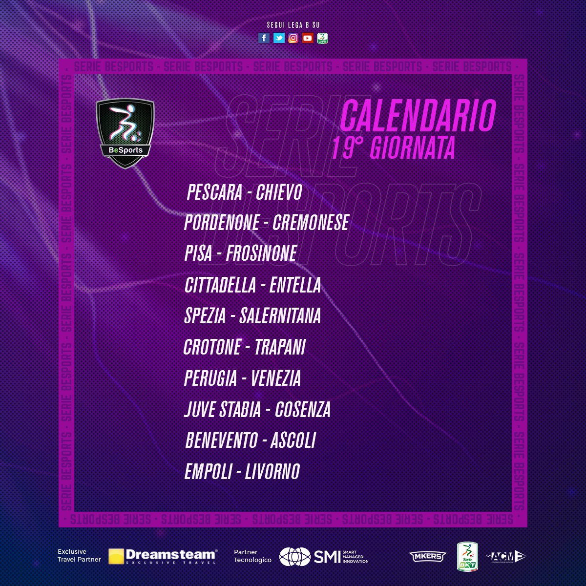 Lega_B's tweet photo. 🎮⚽ Questa sera alle 21:00 torna il campionato #BeSports con la 18^ e la 19^ giornata. La prima lega virtuale della #SerieB creata in collaborazione con #dreamteamtravel #SMIConsulting #Mkers e #ACME_Communication giocata interamente su #PES2020.

📋 Ecco le sfide di stasera! https://t.co/CNdyg2tNKg