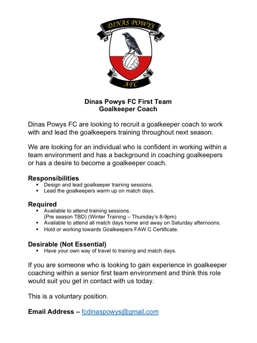 We are looking to recruit a first team goalkeeper coach for the new 20/21 season.

If you are interested in the role please see the information below.

DM our twitter account or contact us via email to apply or find out more information.