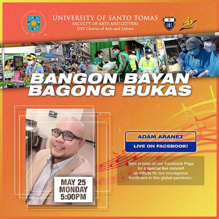 ustabchorale's tweet photo. To start off this week, we have two guests lined up today! Catch ADAM ARANEZ at 5PM followed by AGEE MENDOZA at 8PM for Bangon Bayan, Bagong Bukas!

Catch them give tribute to our frontliners, standing by ABC in our silver anniversary!

#ABCSilverAndBeyond
#TIMELES25YMPHONY https://t.co/ZhaHdAnROm