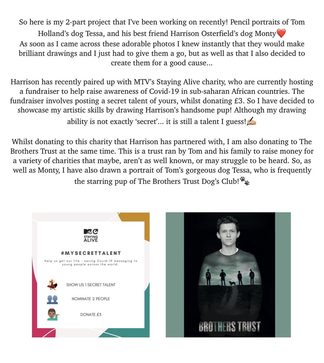 beccaskittrell's tweet photo. A two-part donation project I’ve been working on, pencil portraits of @TomHolland1996 and @HazOsterfield dogs!🐾 Read the explanation below, and make sure to go check out my post on my Instagram too (@ becca_tattoo)😌
@HarryHolland99 @domholland @Tbrotherstrust  @TuwaineBarrett https://t.co/AQLC8Yi7qn