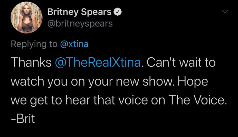 In 2011, Xtina congratulated Britney on the release of "Femme Fatale" and Britney replied that she couldn't wait to watch X on The Voice.