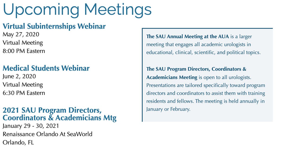 For #MedStudentTwitter applying to #urology this year, @UroAcademic is THE resource to help navigate the process amid the pandemic

sauweb.org/home.aspx

Mark your calendars for the first item on the docket:
Virtual Subinternship Webinar
5/27/20 3pm EST

@AmerUrological #MedEd