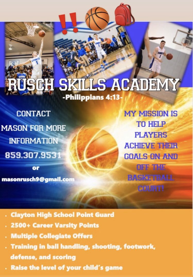 Introducing RuschSkillsAcademy to twitter! RuschSkillsAcademy is elite basketball training for kids of any age wanting to take their game to the next level. Running this account is @masonrusch9, a Clayton High School graduate and is now a current college player🏀Give us a follow!
