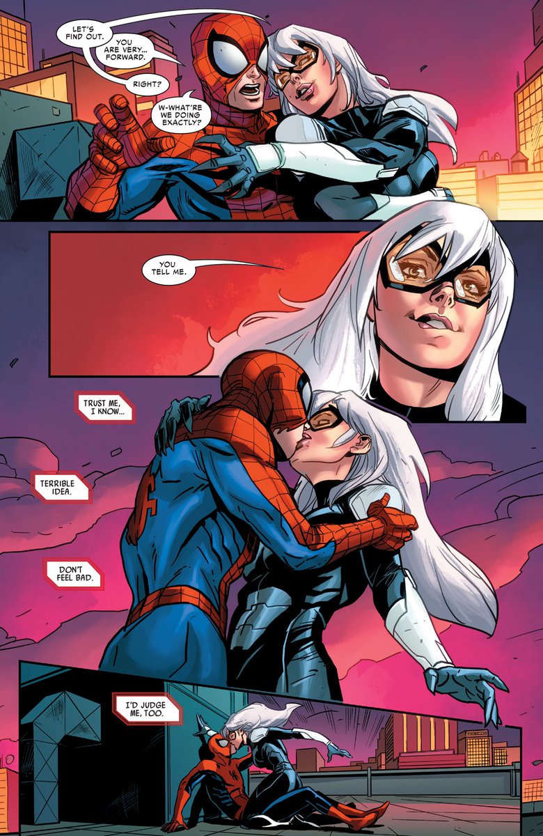 “Well, hello there.” (I give you the page showing the first kiss between Black Cat and Spider-Man of earth-1048- Marvel's Spider-Man: The Black Cat Strikes (2020) #1)