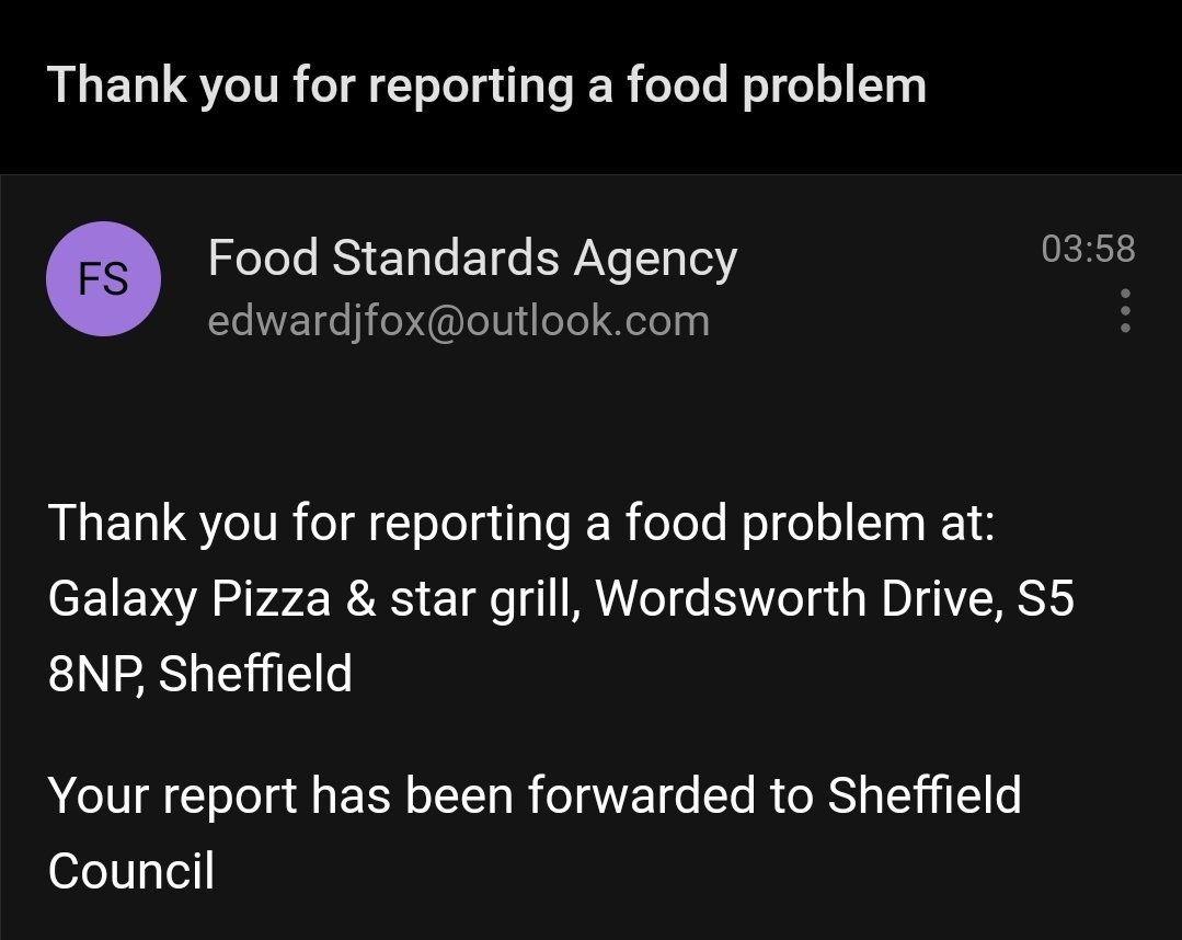 And one last thing on this thread, this restaurant has a 5 star hygiene rating. So I did the right thing and sent a complaint to  @SheffCouncil about this place, and can only hope that something is done about.It's not just a failure of Just Eat