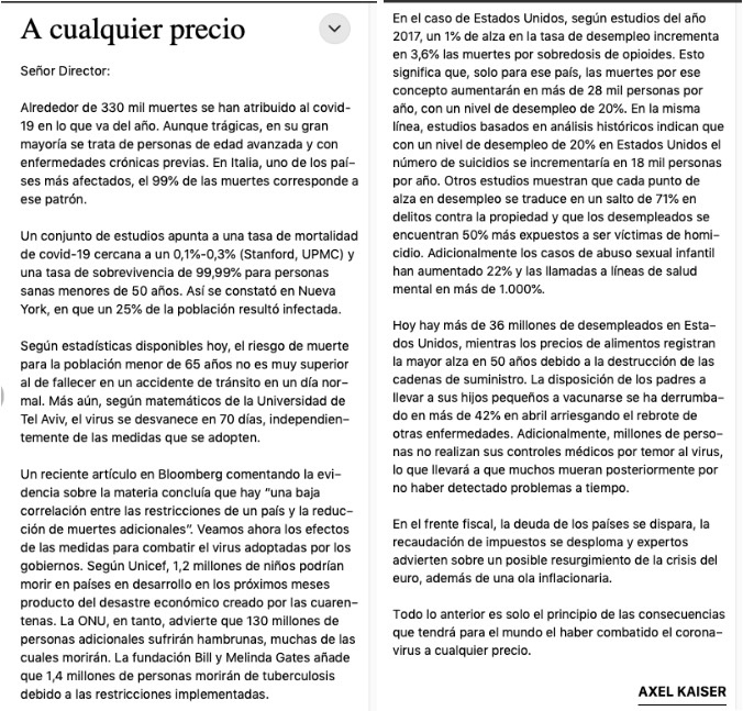AXELKAISER's tweet image. Hoy en El Mercurio sobre el costo de medidas adoptadas por gobiernos para combatir pandemia:  ruina económica y millones de muertos.