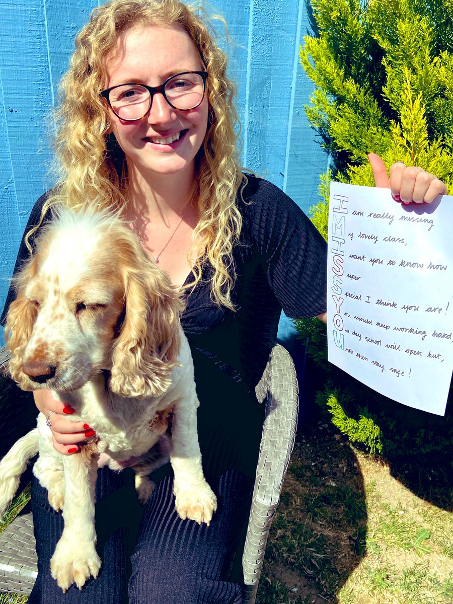 MissB_teaching1's tweet photo. Most of my class haven’t seen me for nearly 10 weeks now. So today I wrote them a poem and sent it to them with a photo of me and my dog. I hope this brings a smile to their faces! https://t.co/NjCbtwItdF