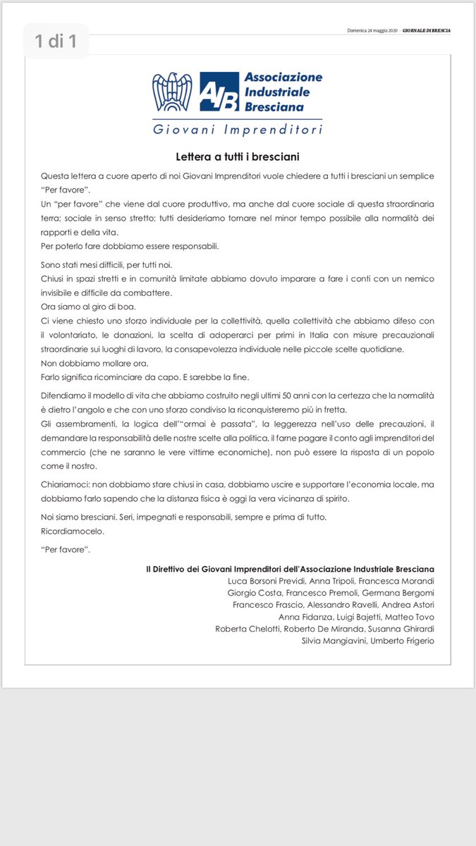 La nostra lettera a tutti i bresciani pubblicata oggi sui quotidiani locali #brescia #GiovaniImprenditori