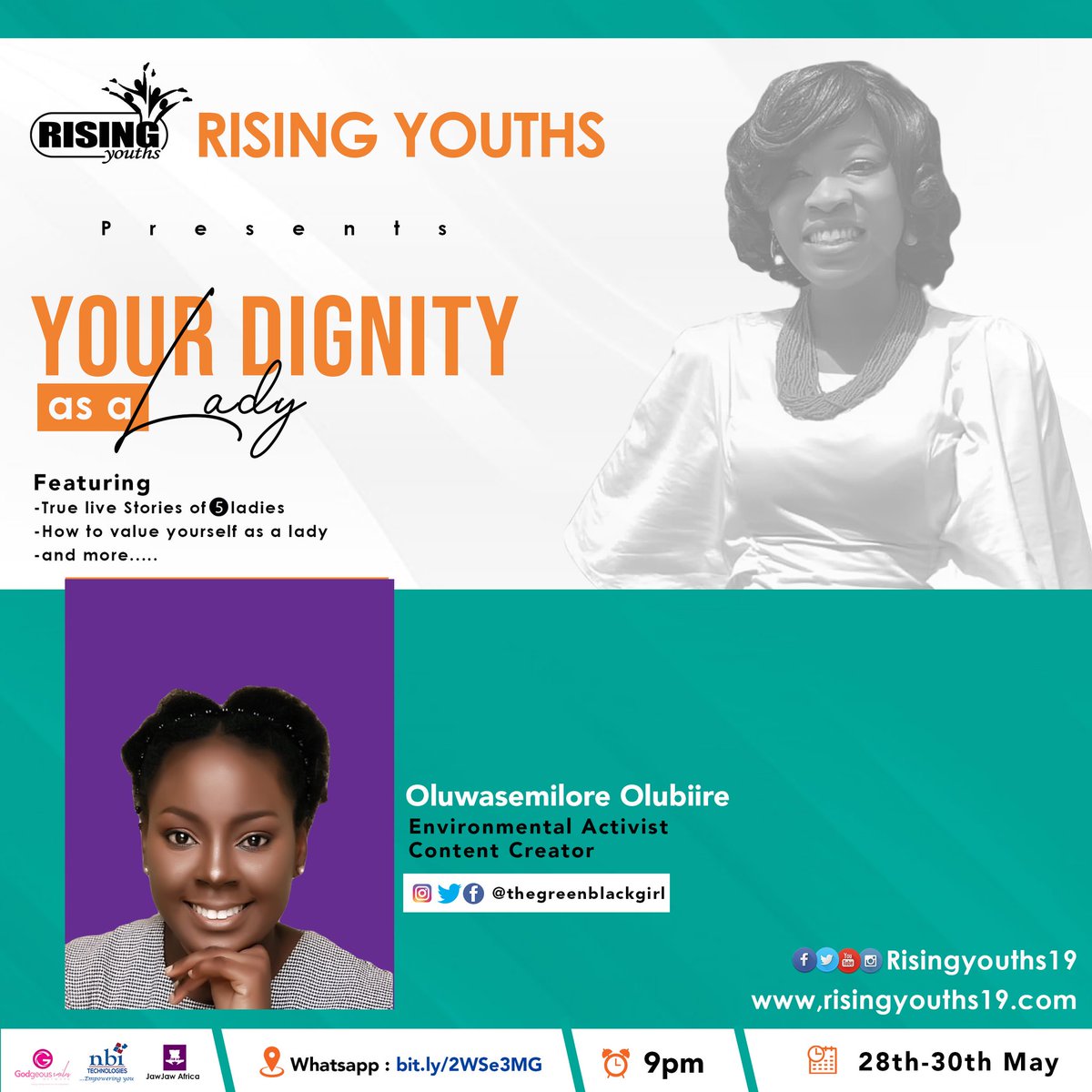RisingYouths19's tweet photo. Rising Youths Present
Your Dignity as a lady

Featuring 
-True life stories of five ladies 
-How to value yourself as a lady
- and lots more.

You can join this program via  WhatsApp Link
https://t.co/A7EUM34dnt
Date: 28th- 30th, May
Time: 9pm
#Risingyouths19
#YourDignityAsaLady https://t.co/DteuFyfhBg