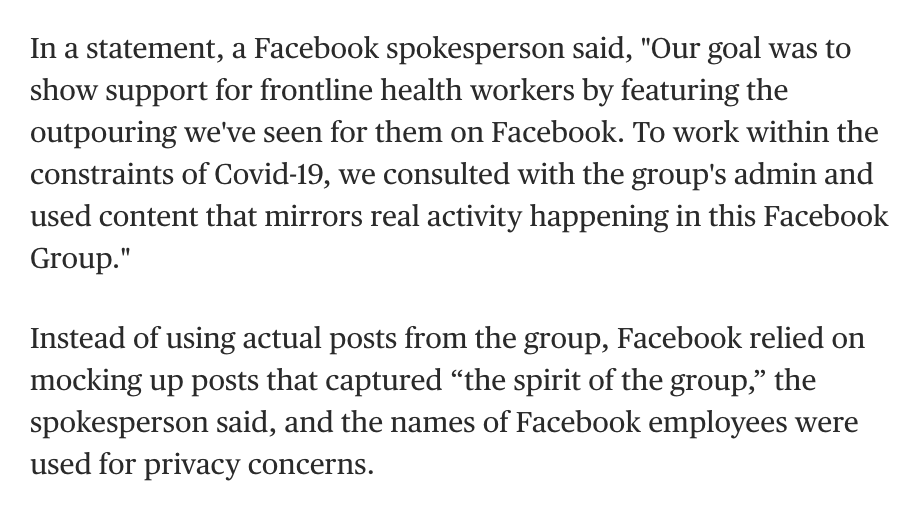 Facebook mocked up the posts, using images from other public Facebook and Insta posts, tweets, and stock photo collections. The accounts featured as members posting to the group? All former and current Facebook employees.FB said COVID affected their usual process.