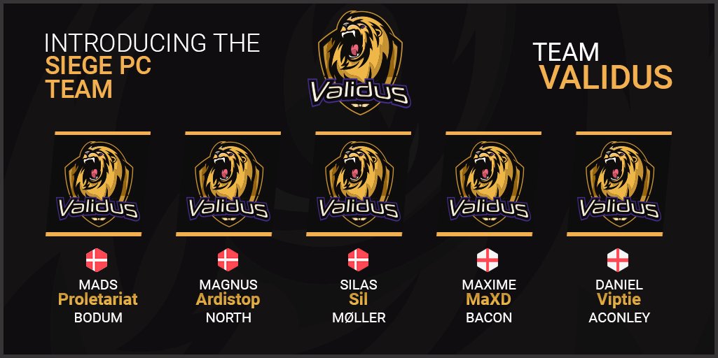 Validusgg's tweet photo. Team Validus welcomes another siege team, but this is the PC team! Make way for another pack of lions entering Validus!
https://t.co/kKTzGFkE53
The Roster:
@Viptie_ @ardistop @MadsBodum @silasm1070 @MaxBacon12
#HuntOn
#Esports
#Gaming
#TeamValidus
#RainbowSixSiege https://t.co/ZzlEfXeY4n
