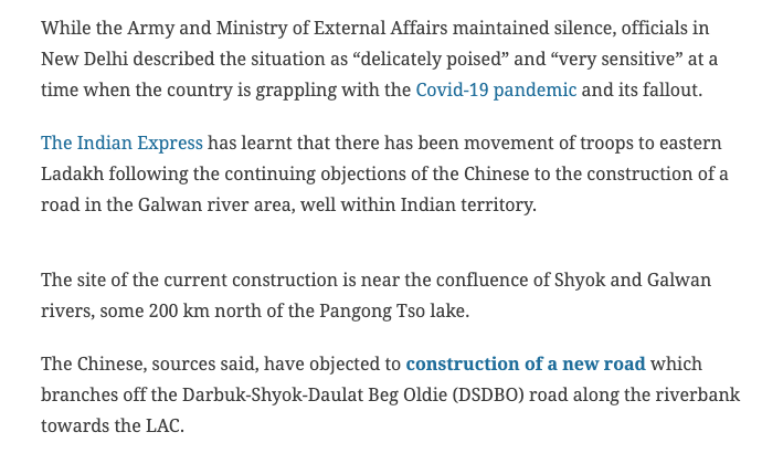 On the construction of a road branching out from DSDBO road, from the confluence of Shyok and Galwan rivers  https://indianexpress.com/article/india/ladakh-china-border-aksai-chin-pangong-tso-army-road-construction-6418370/