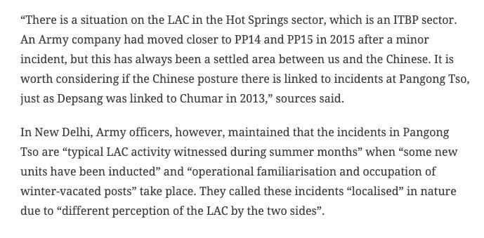 Report on Chinese bringing in more boats into Pangong Tso, stop Indian movement beyond Finger 2. A mention of the situation on PP 14 and PP 15 in the Hot Springs sector  https://indianexpress.com/article/india/ladakh-china-border-aksai-chin-pangong-tso-army-road-construction-6418370/