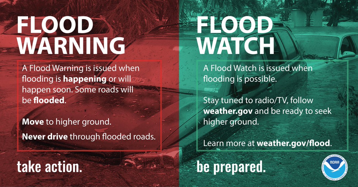 Feeling a little confused or overwhelmed? That's okay! Here are the differences between Flood Watches vs. Flood Warnings and ongoing Flood Advisories... A twitter series...