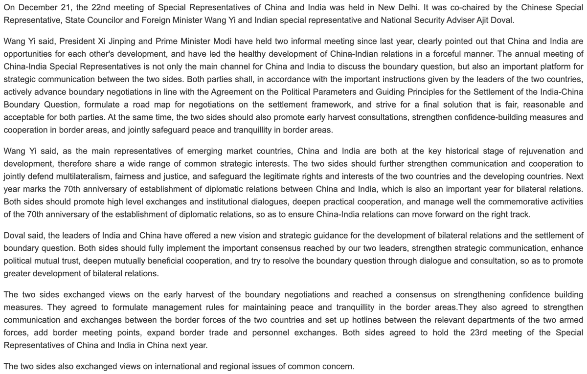 These were the Chinese (left) and Indian (right) readouts of the last meeting of the Special Representatives in December 2019. 5/