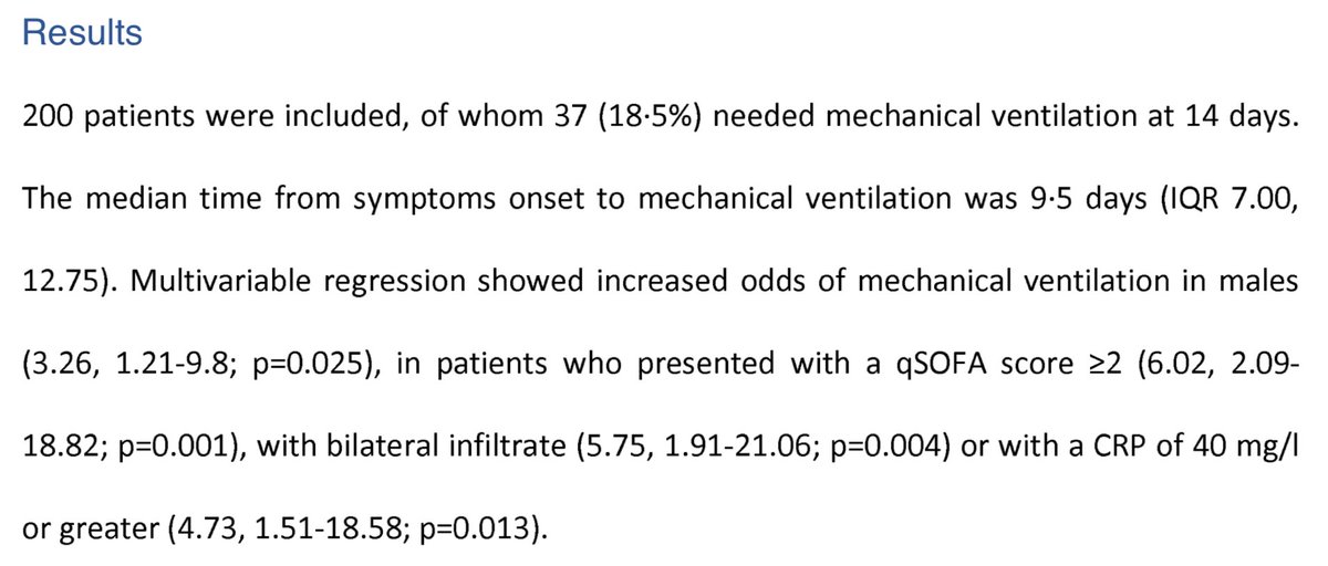 Une autre étude rétrospective suisse qui incluait tous les patients avec un test positif à SARS-CoV-2 a trouvé un odds ratio de 6 pour les gens avec qSOFA >= 2. 12/n  https://www.medrxiv.org/content/10.1101/2020.05.11.20097741v1