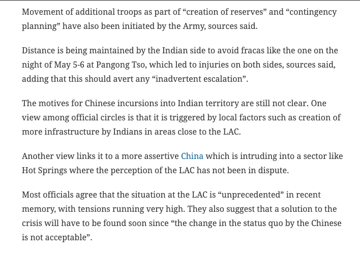 More details of the Chinese incursions inside Indian territory in Hot Spring, PP14 and PP15 area, which means that it is at multiple points and across a large frontage.  https://indianexpress.com/article/india/m-m-naravane-army-chief-line-of-actual-control-lac-chinese-transgressions-6424478/