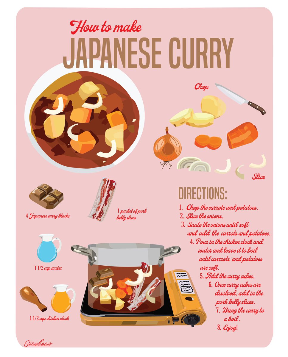ginebeanstudio's tweet photo. How to make Japanese curry recipe card 🍛 #foodie #japanese #japan #curry #art #artistsontwitter #artists #recipe #Recipe #illustrator #illustration #illustrationart https://t.co/6MdY3xfyq2