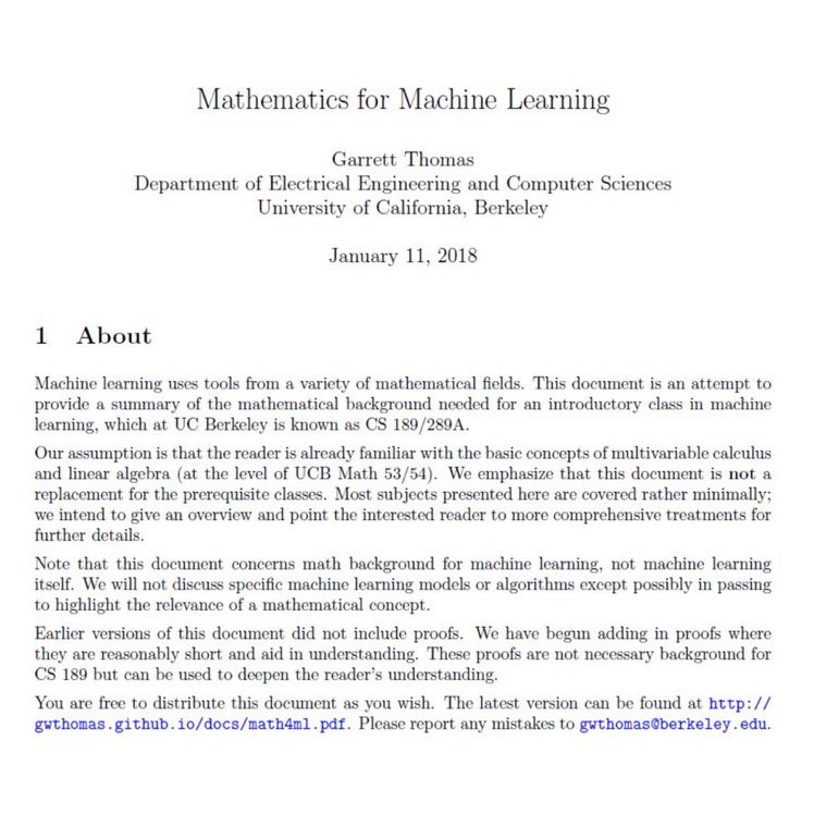 KirkDBorne's tweet photo. Free download —> eBook (47-page PDF) — The #Mathematics needed in preparation for an introductory class in #MachineLearning : https://t.co/hh4L7b7wes 
———————
#BigData #DataScience #DataMining #AppliedMathematics #AI #Algorithms #Statistics #LinearAlgebra #Calculus #abdsc https://t.co/8VQxngt4Kk