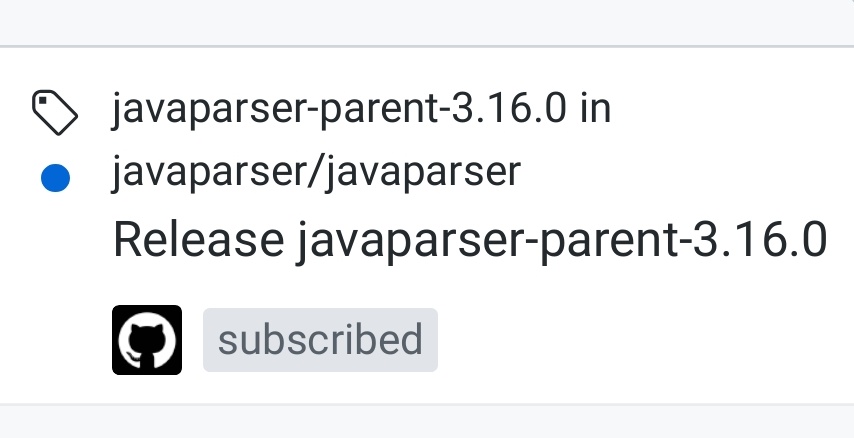 MysterAitch's tweet image. A bumper changelog with PRs from five separate contributors to #JavaParser v3.16.0 this evening! 

It has been pushed to maven central from @bintray and should be available for use as a maven/gradle dependency &quot;soon&quot; 🤗🤗👍👍🥳🥳