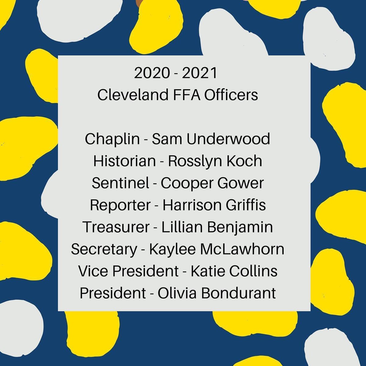 .<a href="/ClevelandFFA/">Cleveland FFA</a> has announced new officers for the 2020-2021 school year. Thanks to the previous officers for their service &amp; congrats to the new officers! #ClevelandProud