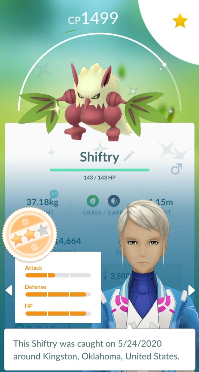 kyle_hunts's tweet photo. Got a pretty good PvP #ShinyShiftry during today's Pokemon Go #CommunityDay ๐ Spent some time with family and found 5 incense shinies so I'm happy! https://t.co/1Rhg68TK4R