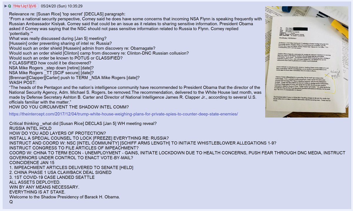 87) Q confirmed that at the Jan 5th meeting Obama gave an order (based on Comey's assessment) to keep information about the Trump Russia investigation from General Flynn, Donald Trump, Jeff Sessions, and anyone else who might cause a problem if they found out about it.