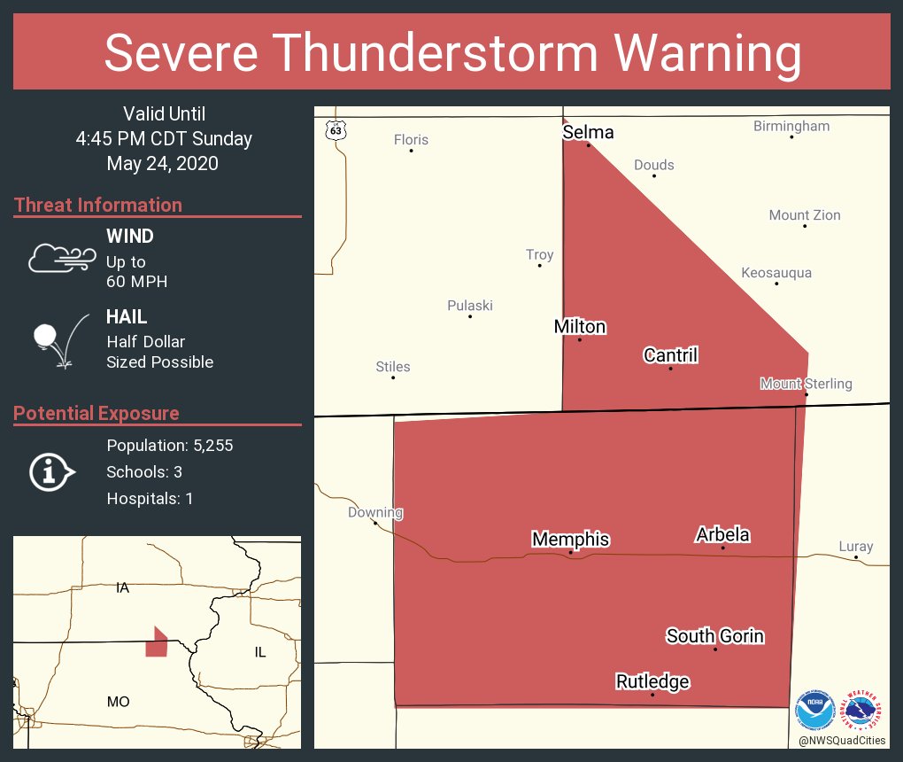 Severe Thunderstorm Warning including Memphis MO, Milton IA, Cantril IA