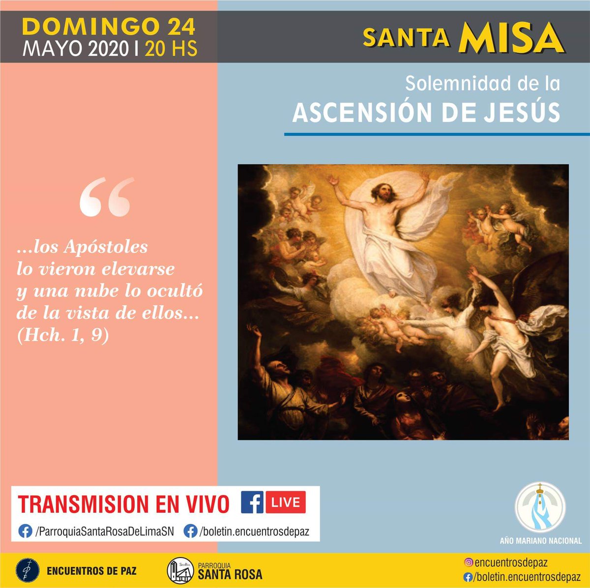 Domingo 24 de mayo 20 hs.
Santa Misa. Transmisión por Facebook Live.

facebook.com.ar/boletin.encuen…