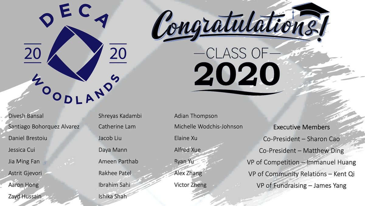 Congratulations to all of our DECA <a href="/woodlandsrams/">The Woodlands School</a> Graduating Members! We are proud of all you've accomplished and wish you the best on your next adventures. #ClassOf2020 #DECAproud #WeTheWoods