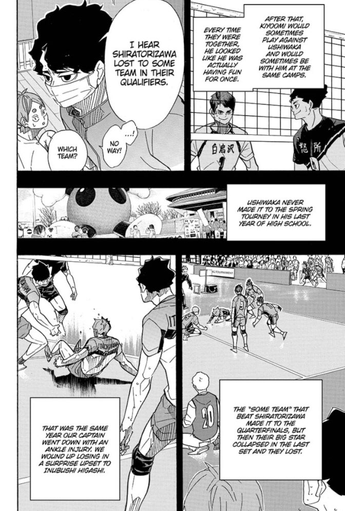 We see this in 394 with:1) sakusa and Hinata ending up on the same team, and Hinata’s “fever exit” being the first thing that’s said to Hinata by sakusa when they meet2) it being mentioned that Hinata beat ushijima’s team to get to nationals