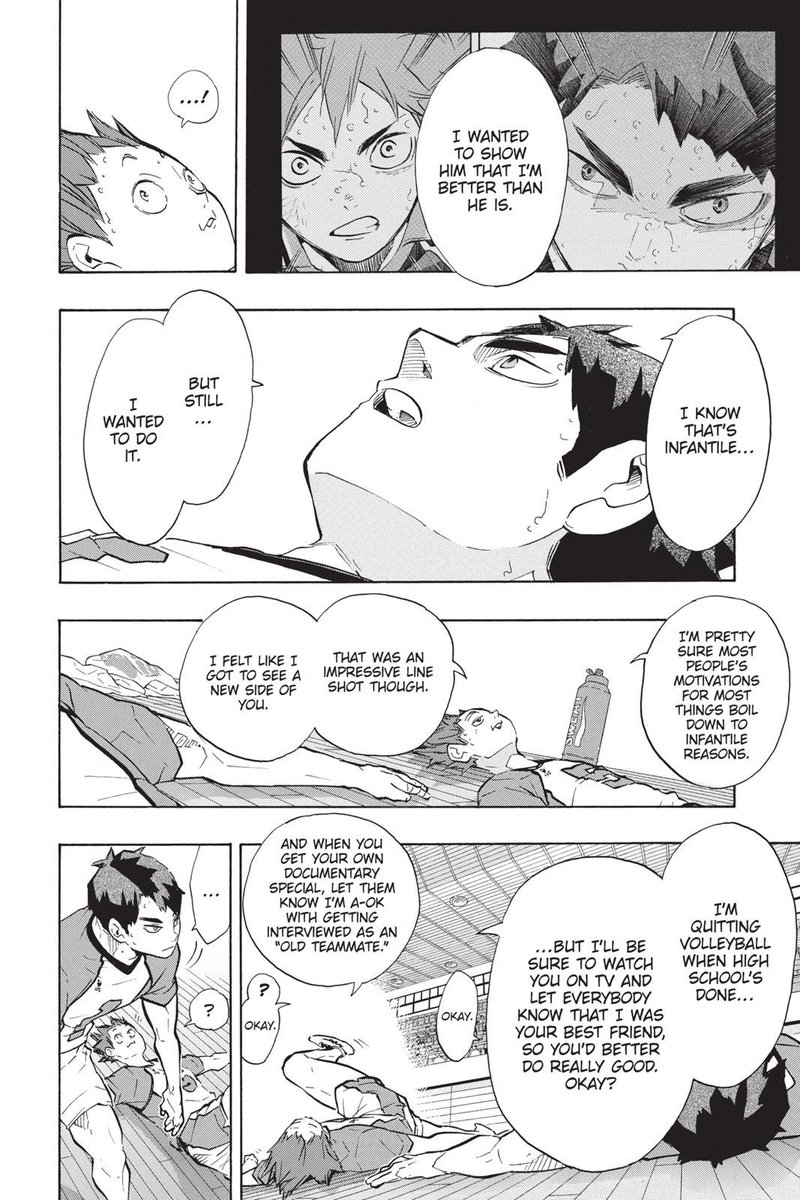 For Hinata it was than other people’s expectations, and being strong enough to beat players that already have that strength, like Kageyama, and for ushijima it was than Hinata, because of Hinata’s reasoning and because he recognised his own strength.