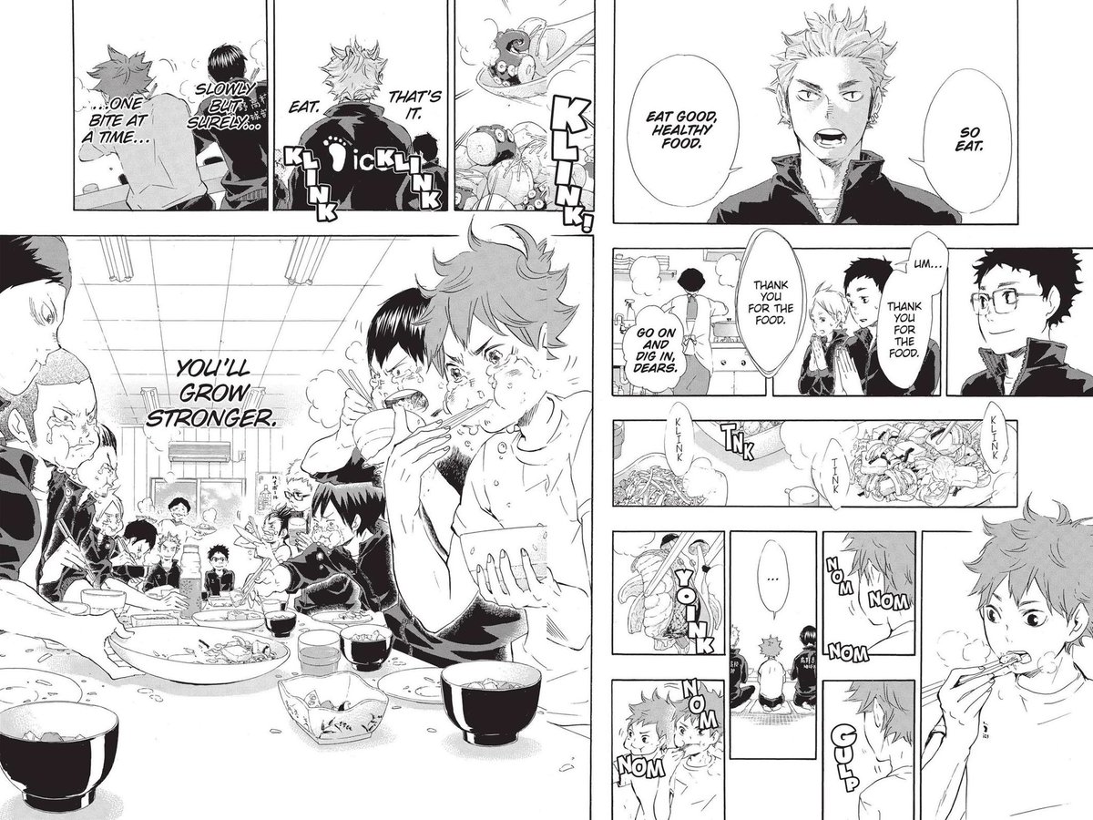 In 69, when karasuno are dealt their first real loss, Ukai talks about ‘eating to grow stronger and build muscle’. This gets brought back very powerfully 300 chapters later. He repeats it to Hinata as well as telling him to acknowledge his limits more as he sits & eats...alone.