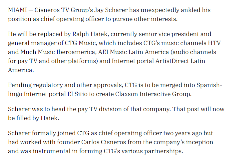 She married Jay Scharer, who was a bit of an entrepreneur, having various companies/investments, produced a few films/tv shows and being a talent recruiter. Also Exec at Cisneros TVHe was on the board of Playboy TV Intl so that's probably where they met. https://www.multichannel.com/news/cisneros-gets-global-playboy-deal-140841