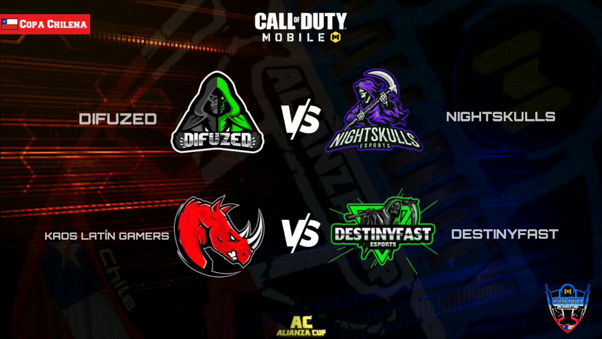 #CoDM Copa Chilena 🇨🇱
🔥[ Grupo B ]🔥
[HOY 24/05 En Vivo📺]

<a href="/DifuzedE/">Difuzed</a> VS <a href="/NightSkullS1/">NightSkullS</a>
[CHL : 17:00 ]

@KLG_CodM VS <a href="/DestinyFastCOD/">DestinyFast_CodMobile</a>
[CHL : 17:45 ]

[🎙️Casters : @LatamSquadYt ]
[ 📺Canal : Latam Squad 
[ youtu.be/dk8-OqraNi4 ]