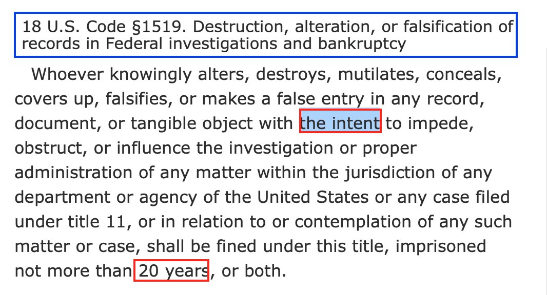 ...but not everyone knows that SCO *also* initially charged GP with ANOTHER major felony at the same time: 18 USC §1519 "obstruction" for destruction/concealment of records. And unlike the 5 years maximum for false statements, this can attract up to *20 years* imprisonment