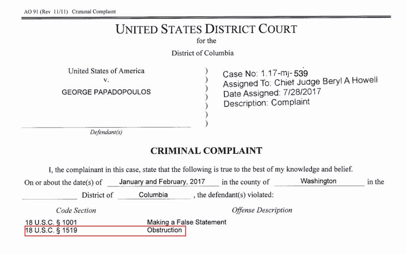 The §1519 charge was included in the original FBI affidavit, complaint & charge sheet, & discussed by prosecutor Brandon Van Grack (BVG; of  @GenFlynn "fame") at GP's hurried initial Virginia court appearance on July 28, 2017 following his arrest at Dulles airport the night before