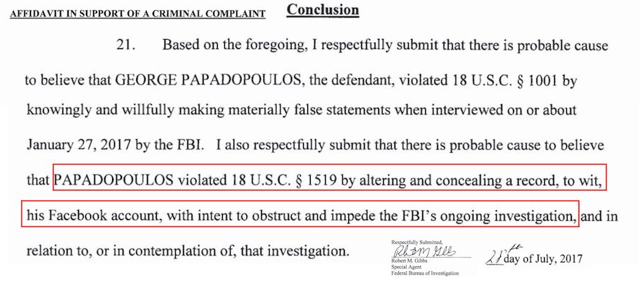 The §1519 charge was included in the original FBI affidavit, complaint & charge sheet, & discussed by prosecutor Brandon Van Grack (BVG; of  @GenFlynn "fame") at GP's hurried initial Virginia court appearance on July 28, 2017 following his arrest at Dulles airport the night before