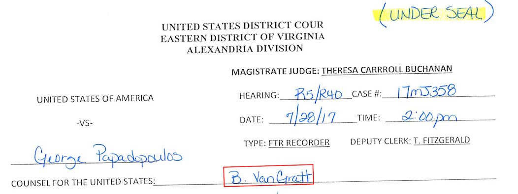 That sealed Court appearance in Virginia lasted 4 mins, was delayed by hrs (GP left detention for the courthouse at 08:30am, it didn't start until 03:02pm) & was presided over by only a Magistrate Judge (who then just transferred case to DC) who spelled BVGs name wrong as "Gratt”
