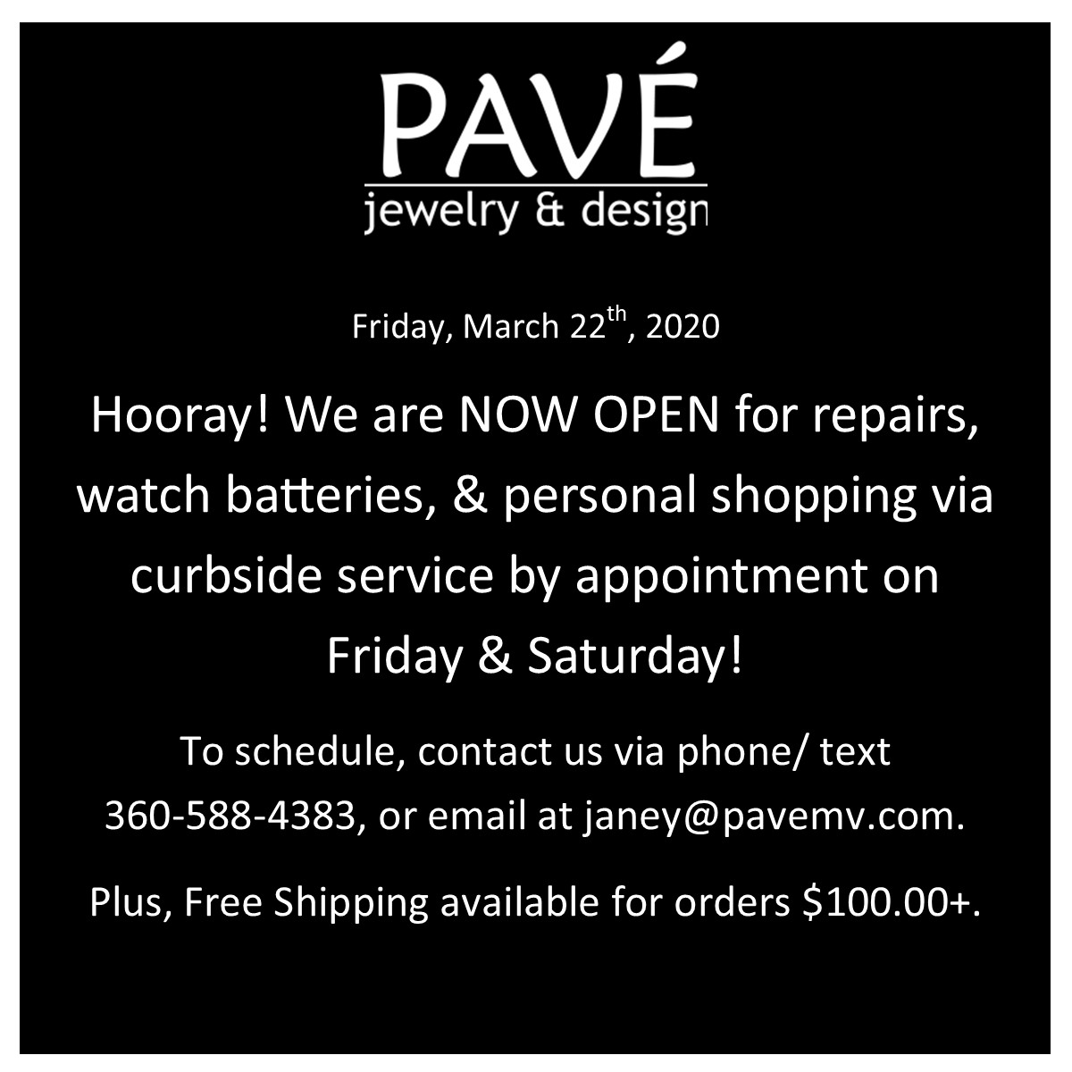pavemv's tweet photo. 💎💎NOW OPEN for Curbside Service! 💎💎 I can't wait to see you! Call/ Text/ Email for to schedule!

#shoplocalsafely #pave #pavemv #mydowntownmv https://t.co/vbqPynMCcz