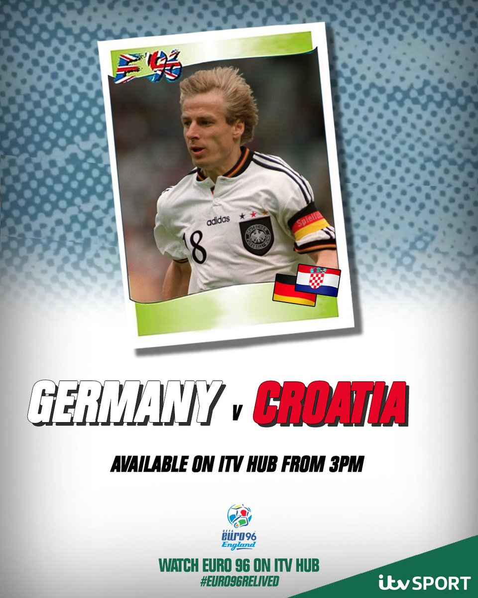 A Jurgen Klinsmann inspired Germany, play a Croatian side powered by their own star-striker in Davor Ε uker, for a place in the semi-final of Euro 96 π
π©πͺ Germany vs Croatia ππ·
π TODAY
πΊ @itvhub
π 3pm
#Euro96Relived https://t.co/zYz6VmhEhP
