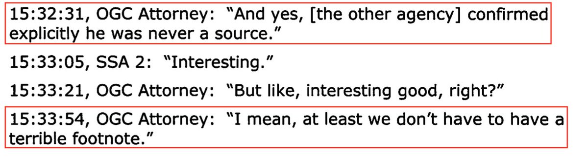 An internal FBI instant message from Clinesmith confirms his intent in altering the email was to avoid disclosing to the FISA court that the target of the surveillance warrant Carter Page was actually a CIA source: "at least we don't have to have a terrible footnote" 