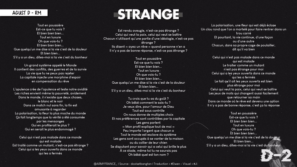 [ @BTS_twt x  #AGUSTD2 ]On continue avec la traduction de 'Strange' en collaboration avec RM !  http://btsarmyfrance.fr/strange/ 